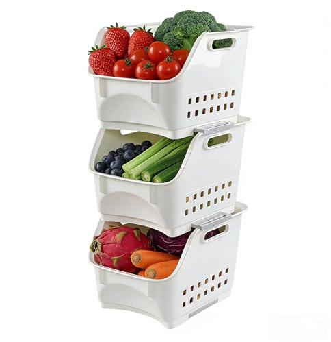 Lesbye 3 Packs Plastic Stacking Storage Basket, Multifunctional Stacking Baskets, Kitchen Vegetable and Fruit Rack Bin, White