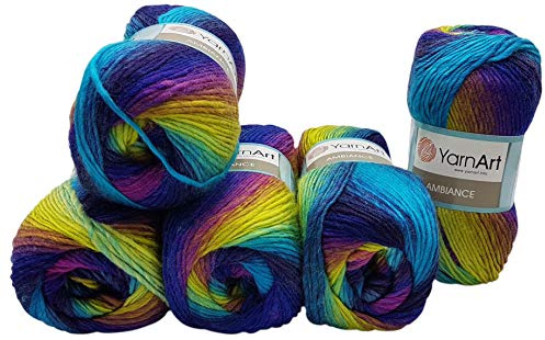 5 x 100 g YarnArt Ambiance Strickwolle mehrfarbig mit Farbverlauf, 500 Gramm Strickgarn mit 20% Wolle-Anteil (beere lila terrakotta u.a. 153)