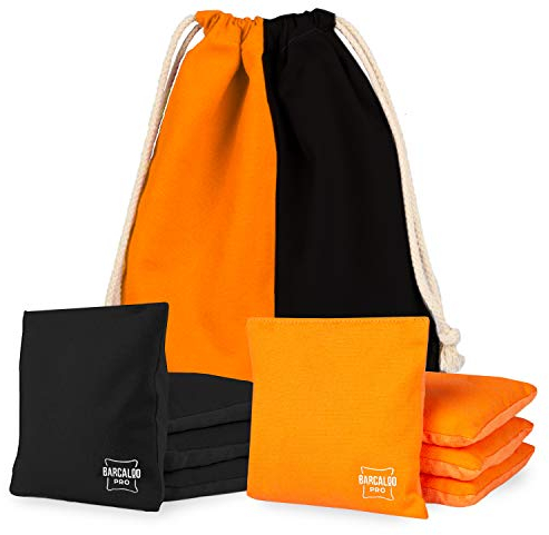 Barcaloo Pro Cornhole Bags – Set mit 8 zweiseitigen Sitzsäcken für professionelles Maislochspiel – 4 orange & 4 schwarz