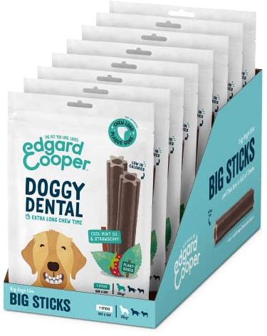 Edgard & Cooper Treats Dental Stick, Big – Erdbeere und Minze – (8 x 7 Stickpackung), natürliche Hundekaustäbchen, Zahnhygiene, 1 pro Tag, kalorienarm, langes Kauen, frischer Atem