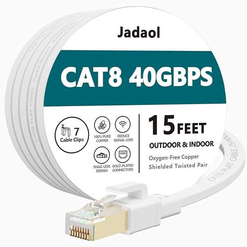 Jadaol Cat 8 Ethernet Cable 15 ft, 40Gbps 2000MHz Flat RJ45 S/FTP LAN Patch Cable, High-Speed Cat8 Network Cable for Router, Modem, Switch, Gaming Consoles, PC, Home Network & Streaming Devices, White