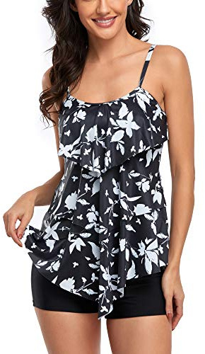 FLYILY Women 2 Piece Tankini Swimsuits Flounce Printed Top with Boyshorts Plus Size Swimwear Bathing Suit (BlackLeaf, XXL)