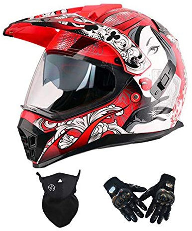 Casco da Motocross Donna Rosso, Doppia Visiera, Casco Moto Cross con Guanti Maschera, Casco Moto Enduro Offroad Casco Integrale da Discesa MTB Quad MX ATV Downhill Motorino Scooter,XL
