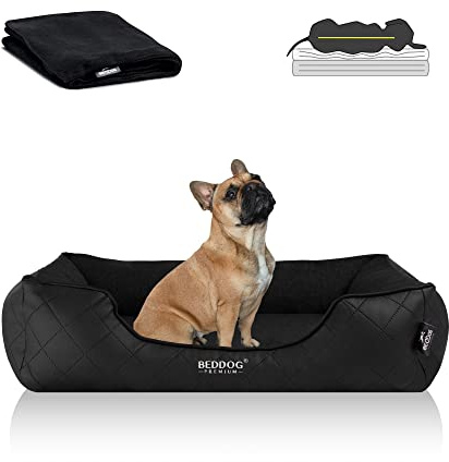 BedDog Premium Orthopädisches Hundebett WUFFI, Hundesofa aus Kunstleder, Abnehmbarer Bezug, Kuschel-Decke Zugabe - Black (schwarz)