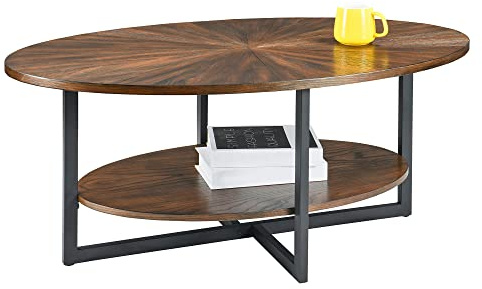 PADMA HOUSE ovalt soffbord av massivt trä, vardagsrumsbord kaffebord metallram, 2 våningar soffbord loungebord, Minimalistiskt Sidobord för vardagsrum (Rustik Brun)