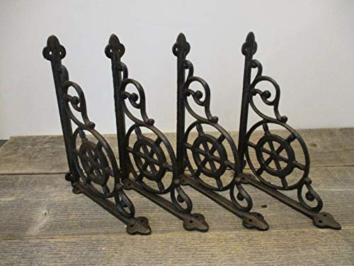 4 Cast Iron Ship Wheel Nautical Braces Shelf Bracket Rustic Corbels Vintage Book - drstore