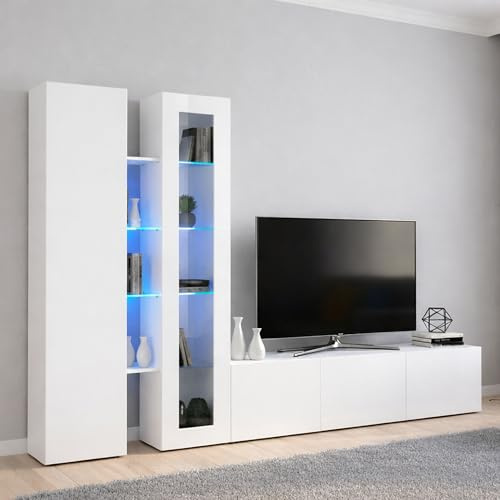 Dmora - Élément mural Dimitri, meuble TV 3 portes, Meuble de salon polyvalent avec vitrine et lumière LED, 100% Made in Italy, 280x30h180 cm, Blanc brillant