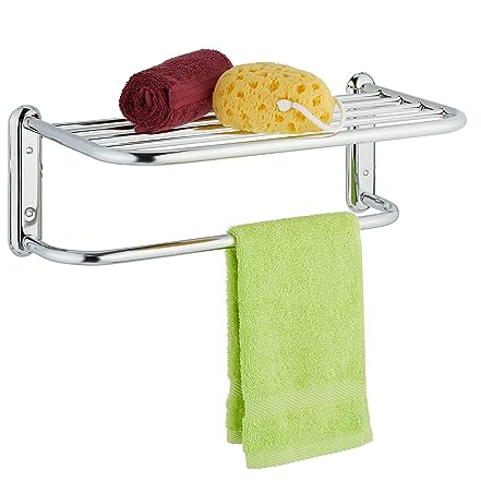 Relaxdays Toallero Pared con Balda, Soporte Toallas Ducha, 6 Barras Acero Cromado, Baño, Aseo, 17x48x23,5cm, Plateado