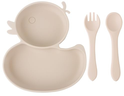 Piatto con Ventosa per Bambini in Silicone,3 Pezzi Piastra Ciotola per Neonati con Cucchiaio e Forchetta,Set Pappa Svezzamento Bambini,100% senza BPA,lavastoviglie e cassaforte a microonde (beige)