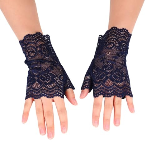 Whakano 1 Paar Damen Fingerlose Spitzen Handschuhe,Kurze Hochzeitshandschuhe,Kurz Geschnittene Fingerlose Gloves Damen Mädchen Braut,für Halloween,Bankett,Party,Hochzeit,Tea Party Zubehör,Navy blau