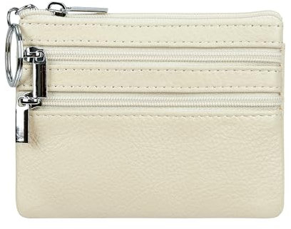 Damen Geldbörse aus echtem Leder, Mini-Beutel, Kleingeldbörse mit Schlüsselanhänger, Beige, Einheitsgröße, Münzgeldbörse