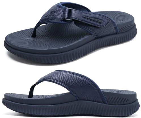 Mens Leather Flip Flops Men's Recovery Walking Sandals Orthopedic Thick Athletic Cushion Sport Slider for Man Outdoor Summer Beach Water Sandals with Comfortable Plantar Fasciitis Arch Support,11 Blue