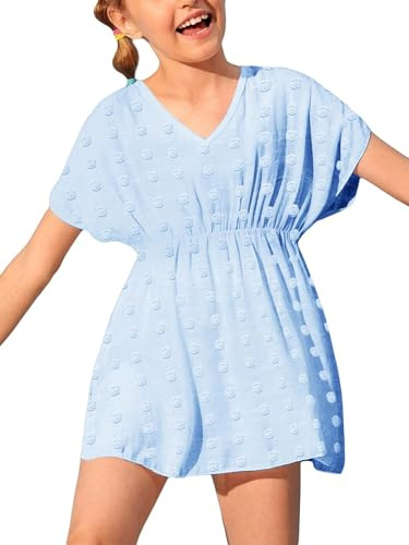 Haloumoning Girls Swimwear Cover Ups Kids Beach Coverups Bikini Swimsuit Cover Up Cute Beach Dress, blue, 10-12 Years