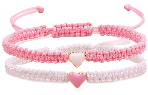 by Isla Jewelry Set of 2 White and Pink Heart Beaded Matching Bracelets for Couples and Best Friends Handmade Bracelet for Friendships and Partners Gift For Couples Boyfriend Girlfriend Him Her