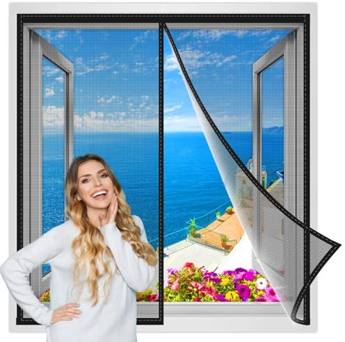 Magnet Fliegengitter BalkonFenster ohne Bohren Zuschneidbar 130x125 cm, Fenstervorhang Fliegenschutz, Insektenschutz Fenster Vorhang mit Verbreitertem Klebeband Schwarz Verstärkte