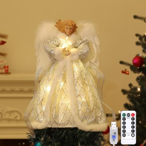 Lewondr Christbaumspitze Engel, 12 Zoll Glitzernd Weihnachtsdeko Weihnachten Baumspitze mit Timer, USB-betrieben Fernbedienung Tannenbaum Spitze für Weihnachtsbaum Weihnachten Party Innen, Silber