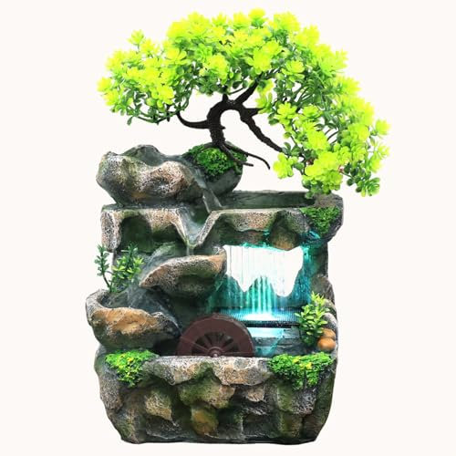 NISMIA indoor fountain with led lighting, green plant fountain, zen light indoor fountain with plants, garden aquarium resin desktop fountain