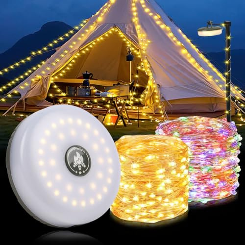 flintronic Camping String Lights, 2 in 1 Portable USB Camping Lights with 8 Lighting Modes, 10m Outdoor Stowable String Light, Rechargeable Tent Lights for Yard, Campsite, Awning, Bedroom, Hiking