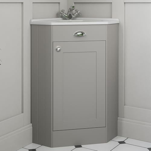 BAYSTONE® Bathroom Cloakroom Corner Vanity Unit Wash Basin Sink Cabinet Grey Single Door Free Standing Storage Unit Furniture 585mm