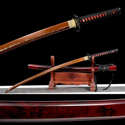 103cm handgefertigtes Katana-Schwert,Hochleistungsklinge aus Manganstahl mit Blitzmuster,Scheide aus Massivholz mit bemaltem Muster,echte Samurai Swords für Cosplay,Maskerade,Dekoration,Geschenk,Kendo