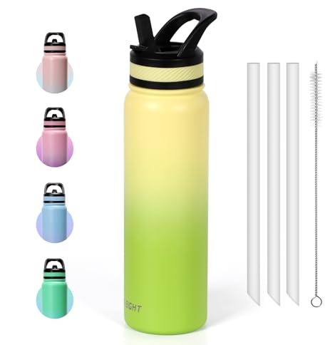 pluseight Sports Water Bottle, 1000ml（32oz） Insulated Water Bottle With Straw, Stainless Steel Water Bottle Wide Mouth for Sports, Gym or Office, BPA-Free Keep Cold 18H Hot 12H (Yellow Green)