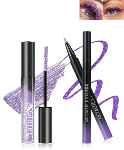 Mascara et Eyeliner Paillettes Violet, Mascara Volume Liquide Crayon Yeux | Mascara Couleur Diamant Pailleté Longueur, Eye Liner Waterproof Métallique, Longue Durée Anti-bavure, Maquillage Femme