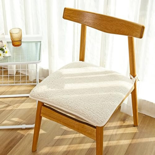 Tielag Sherpa Sitzkissen, 1er Set Stuhlkissen mit Bindebänder, rutschfest Sitzpolster Waschbar, Sitzkissen Stuhl Warm und Weich, Quadratisch 45x45cm Stuhlauflage, Weiß