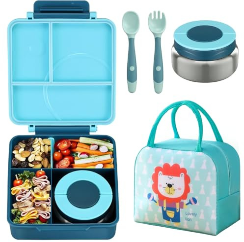 RETZLA Bento-Lunchbox-Set für Kinder mit 237 ml Suppen-Thermo, auslaufsichere Lunch-Behälter mit 4 Fächern, Kinder-Thermo-Behälter für heiße Speisen und isolierte Lunchtasche für die Schule, Blau