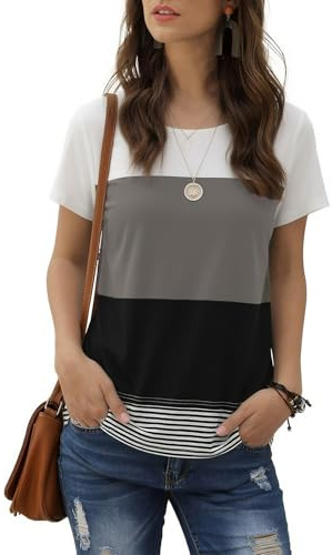 Daspkuwy Ladies Short Sleeve Jumpers for Women UK Crew Neck Color Block Knitted Tops Sweater Shirt Spring Summer Knitwear Blouses Size 6-8 Grey