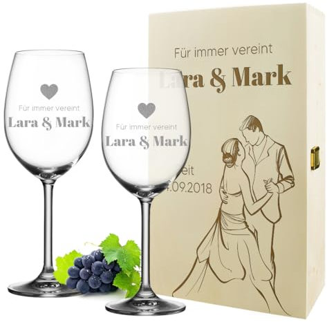 polar-effekt Verres à vin de 460 ml et boîte en bois avec gravure personnalisée – Cadeau de mariage pour couple – Personnalisé – Verres pour vin rouge et vin blanc