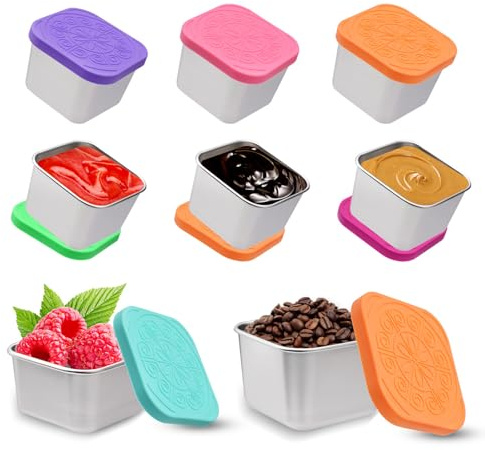 6PCs Gewürzbehälter aus Edelstahl, 2,1 oz/60 ml kleine Soßenbecher mit Deckel, auslaufsichere Salatdressing- und Dip-Behälter für Mittagessen, Picknick, Reisen – wiederverwendbare Dip-Boxen aus Stahl