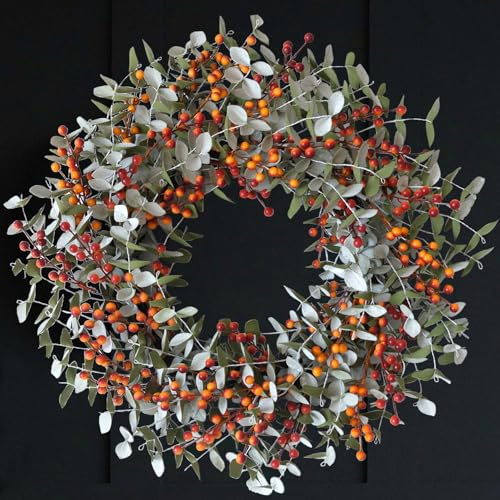 Egolot 22 Inch Boxwood Orange Berries Wreath for Front Door, Fall Door Wreath for Indoor Outdoor, Soft Touch Greenery with Yellow Orange Berry Door Decor