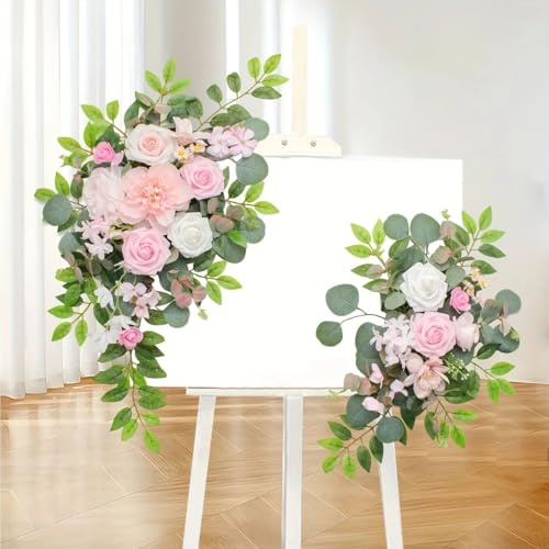 Xiyocadt Künstliches Hochzeitsbogen Blumen Set, künstliche Rosen Blumen Swag, Dekorative Girlande mit Rosen Pfingstrose, Eukalyptus Blättern, künstliche Blumen Girlande mit Bändern