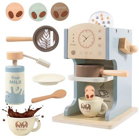 Dhnvcud Lot de 9 machines à café en bois pour enfants - Accessoires de cuisine pour enfants - Machine à expresso - Jouet en bois avec moulin - Accessoires de cuisine - Service à café - Jeu de rôle