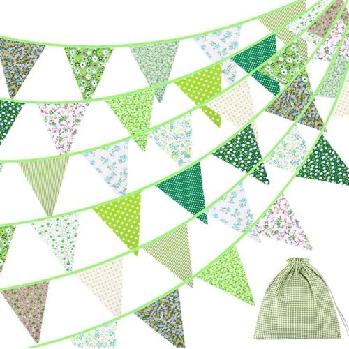 39Ft/12 M Guirlande en Tissu, 42 Bannières Triangulaires, Guirlande Fanion, Banderole Anniversaire pour Mariages, Fêtes, Baptêmes, Décoration Intérieure et Extérieure (Vert)