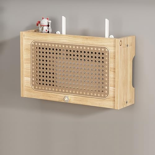 Estante de router de madera y ratán para pared, caja de almacenamiento router WiFi, armario para oficina y hogar, ocultador WiFi fácil de instalar, decoración para casa y oficina(Brown,L40cm/15.7in)