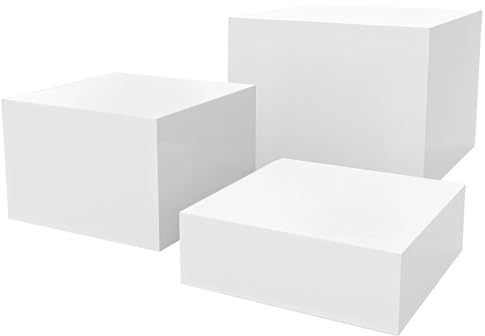 3 supporti quadrati bianchi con fondo cavo, diverse altezze (grandi, tutti, medi), alzate in acrilico per esposizione di alimenti, ideali per dessert, catering, gioielli e tavoli da buffet