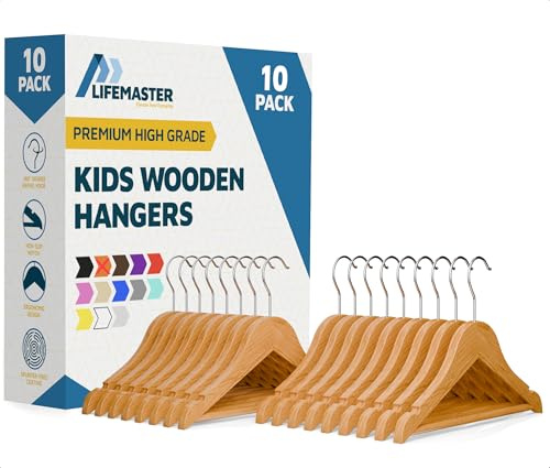 Natural Color Wooden Kids Hangers 10 Pack, Toddler & Baby Wooden Hangers, 11.8 Solid Maple Wood with 360° Swivel Hook, Pants Bar & Notches, Up to 7.7lb Capacity, Space-Saving Design for Ages 0–8