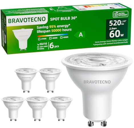 bravotecno Ampoule GU10 LED, Classe Énergétique A, GU10 LED Blanc Chaud 2700K 2.9W 520LM, Spot GU10 36° Équivalent à 60W, Non Dimmable, Chaleur Faible & Durable, Lot de 6