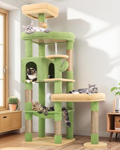 Globlazer Árbol Rascador Cactus Verde para Grande Gatos Alto 165cm con 2 Grande Plataforma 48 * 42CM, Extragrande Hamaca, Nido, Percha, Árbol Rascador con Apoyo Estable para Gatos Adulto (S65, Verde)