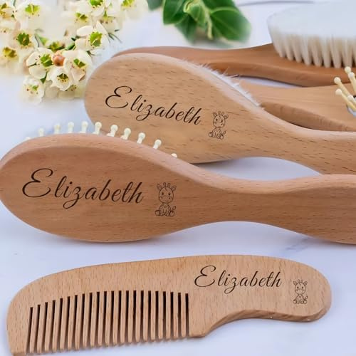 3-teiliges Personalisiertes Holzbürsten- Und Kammset, Individuelle Babybürste Mit Namensgravur, Geschenk Zur Babyparty/Frischgebackene Mütter/Neugeborene