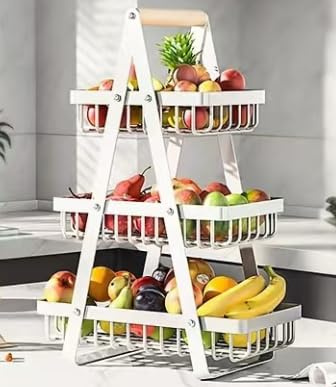3-Tier Fruit Basket & Vegetable Rack, Detachable Kitchen Storage Rack | Wooden Handle and Drain Basket, Ideal for Kitchen Accessories, Fruit Bowls, Vegetable Storage, Bread, and Snacks