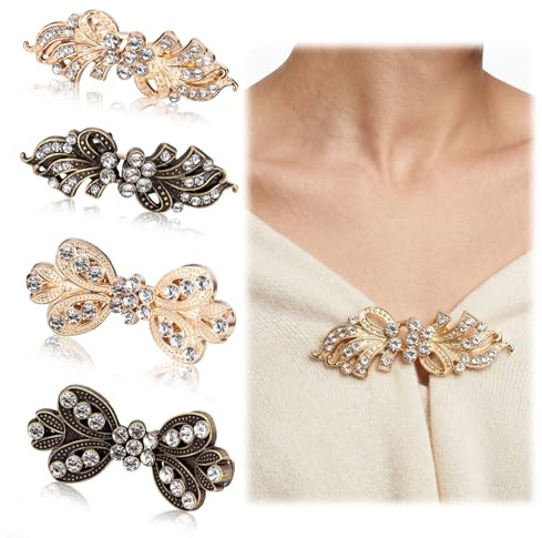 JYXNU 4 Piezas Clips de Chal de Suéter Vintage con Broches Sin Costura Clip de Cárdigan de Metal con Diamantes de Imitación Pinzas para Bufanda, Oro y Cobre