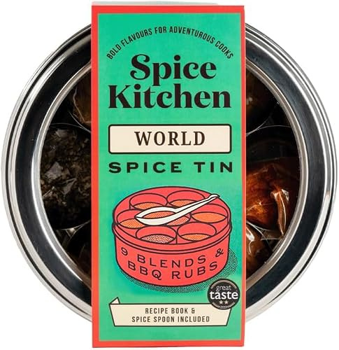 Spice Kitchen World Spice Blends & BBQ Rubs Gift Set, 9 Spices Including Garam Masala, Sri Lankan Curry Powder, Harissa, Tex Mex, Jerk, Chinese, Ras El Hanout, Za'atar - Stainless Steel Spice Tin