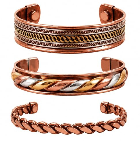 Touchstone Bracelet magnétique en cuivre de style tibétain. Forgé à la main avec du cuivre pur solide et de haut calibre. Ensemble de 3 designs différents avec 3 nuances de métal.