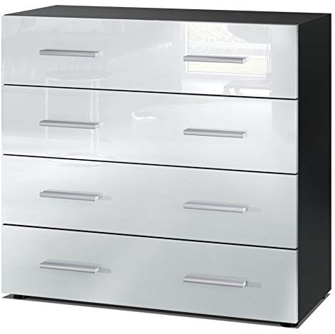 Vladon Sideboard Pavos, Kommode mit 4 Schubladen, Schwarz matt/Weiß Hochglanz (76 x 72 x 35 cm)
