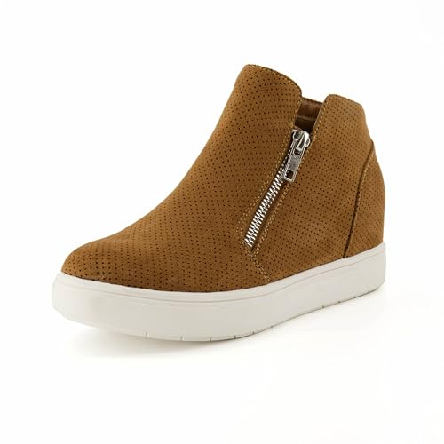 CUSHIONAIRE Hart Womens Casual Shoes with Dual Zippers- Lightweight Hidden Wedge Fashion Sneakers for Women, Cognac 12