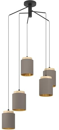 EGLO Pendelleuchte Albariza, 5 flammige Hängelampe Vintage, Hängeleuchte | aus Stahl, Holz und Textil in Schwarz, Natur, Cappuccino, Gold, Esstischlampe, Wohnzimmerlampe hängend mit E27 Fassung