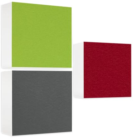 platino24 Schallabsorber 3 Regal-Einsätze passend für IKEA Kallax & Expedit I 3 Elemente 33 x 33 x 10 cm I Basotect ® G+ Akustikpaneel I Schalldämmung Wand & Regal I Hellgrün, Granitgrau & Bordeaux