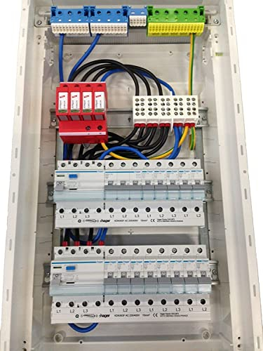 Unterverteilung Hager VA36CN + Türe Sicherungskasten Aufputz 3-reihig mit Überspannungsschutz, Klemmblock, 2x CDA440D, 1x MBN316, 13x MBN116, fertig v